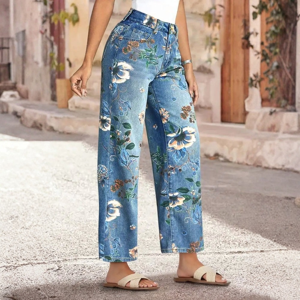 Women's Boho Floral Print Wide Leg Jeans, Denim With All-Over Flower Pattern, Casual Summer Pants