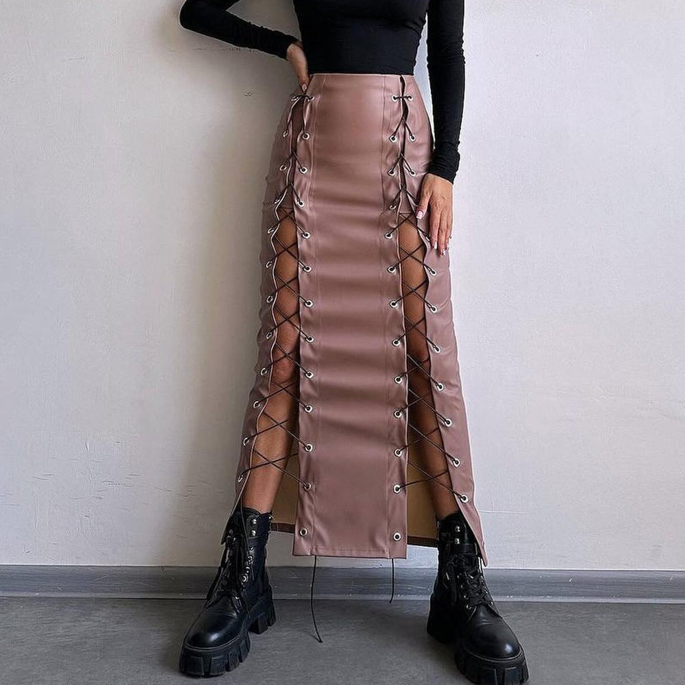 Women's Leather Sexy Solid Color Slit Tie Wrap Skirt