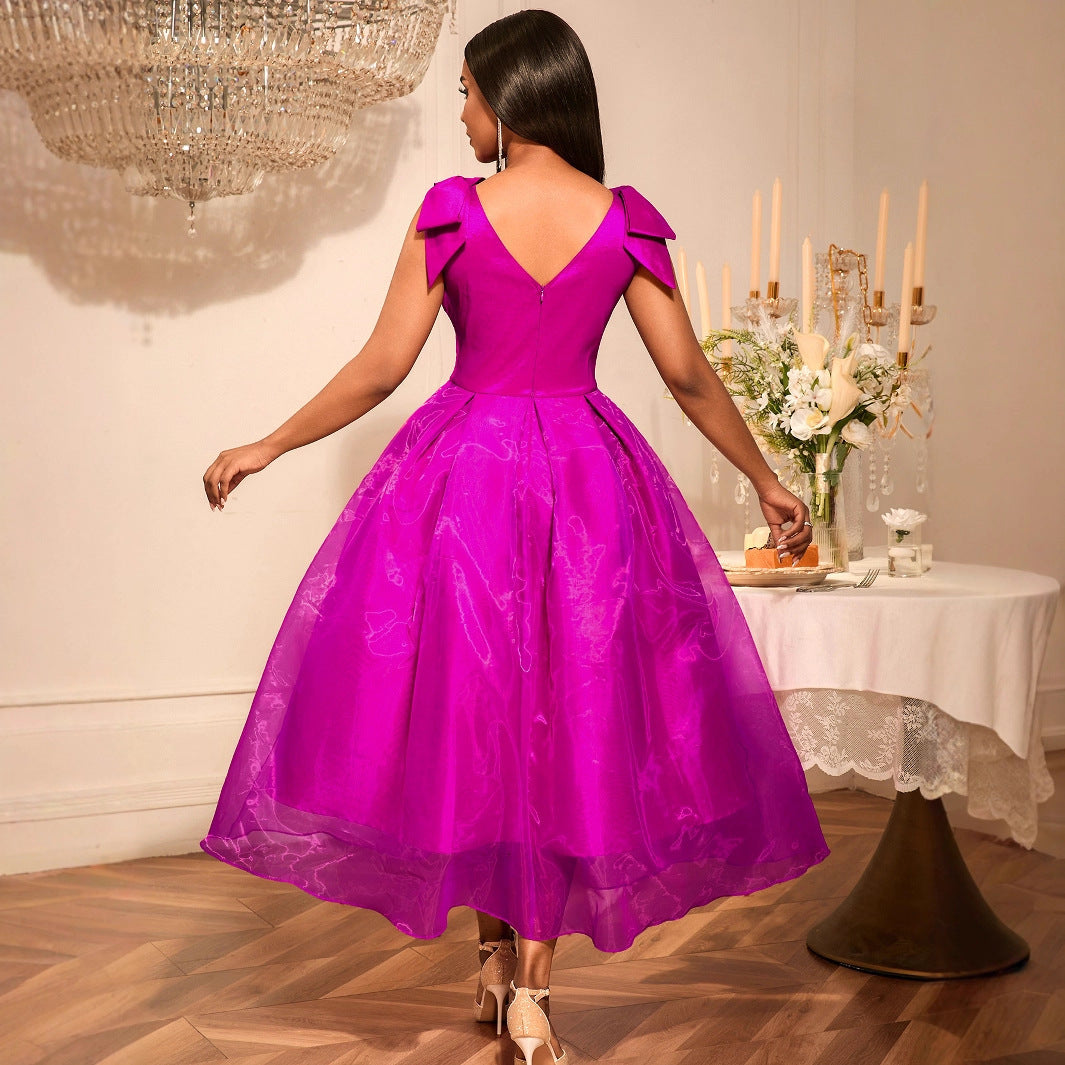 European And American V-neck Bow Sleeveless Dress