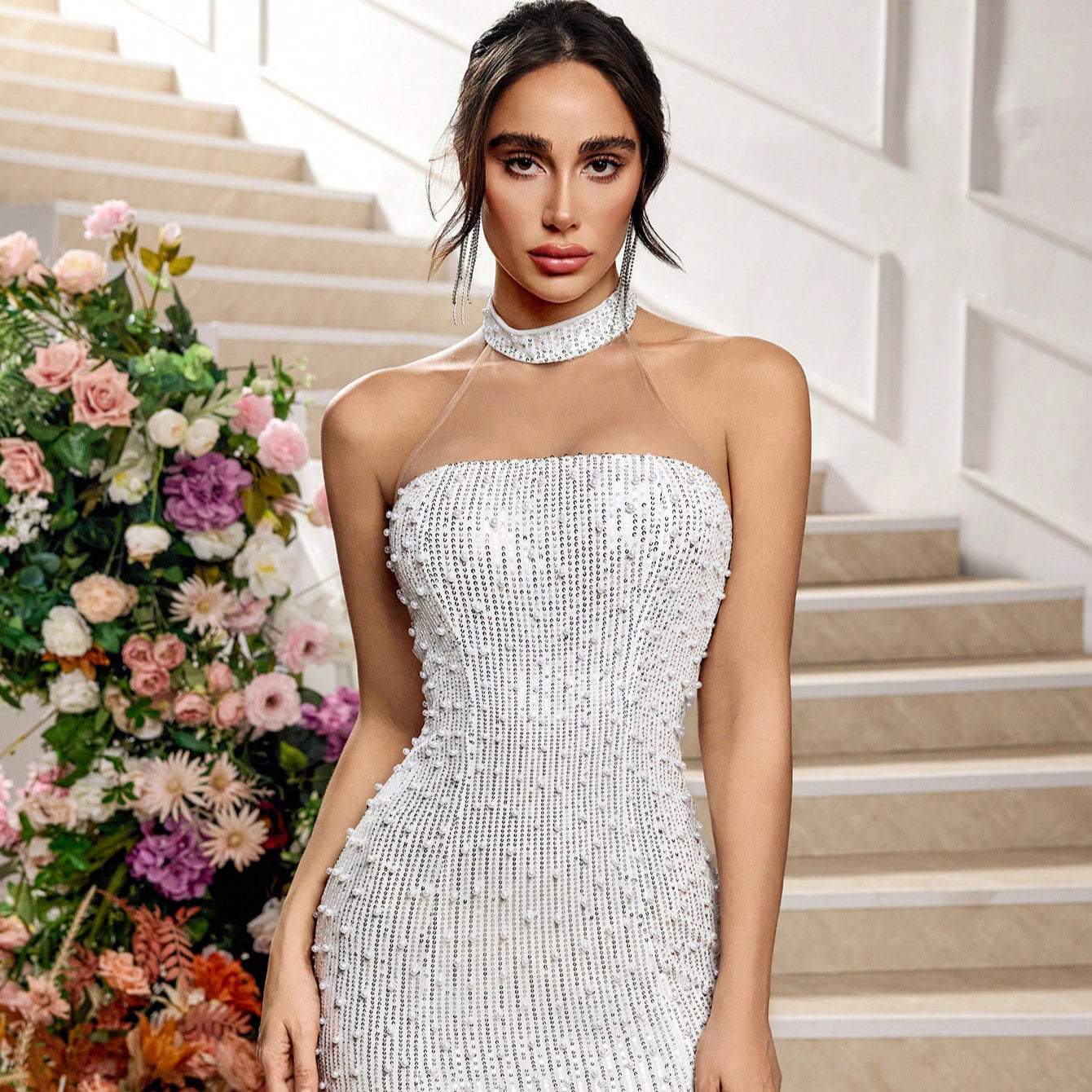 Fashion Solid Color Hollow-out Lace Evening Dress