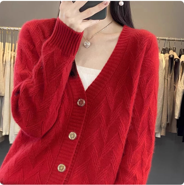 V-neck Long-sleeved Knitted Cardigan Simple And Loose-fitting Sweater Coat