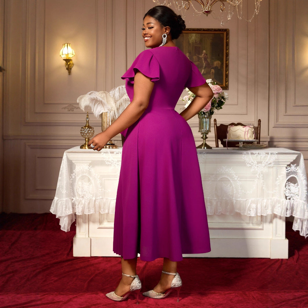 Women's Round Neck Short Sleeve Ruffled Long Pleated Dress