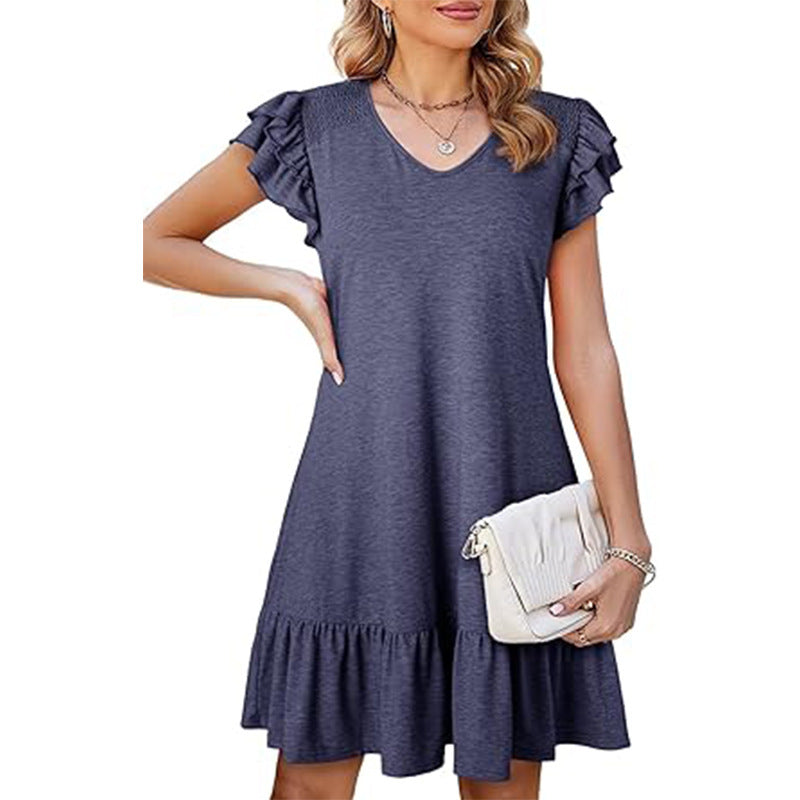 Women's V-Neck Ruffled Loose-Fit Waist Short Sleeve Dress