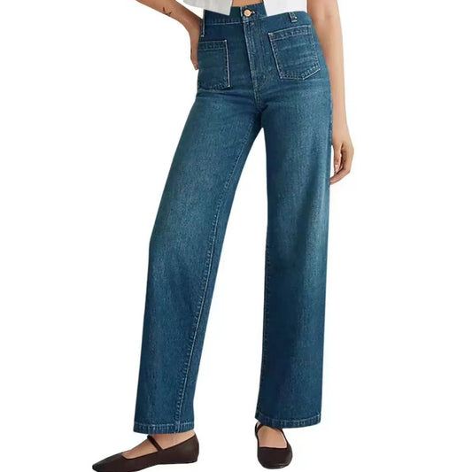 Washed Wide-leg Women's Jeans with Square Pockets