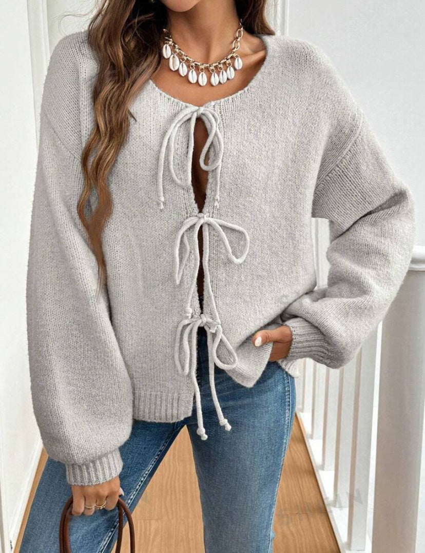 Women's Casual Loose Lace-Up Cardigan – Solid Color Sweater