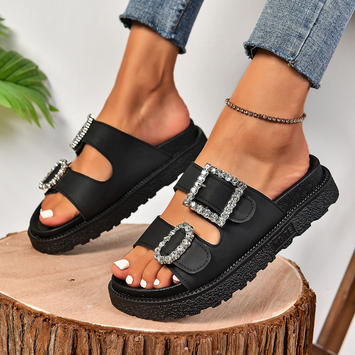 Fashionable Rhinestone Belt Buckle Platform Sandals