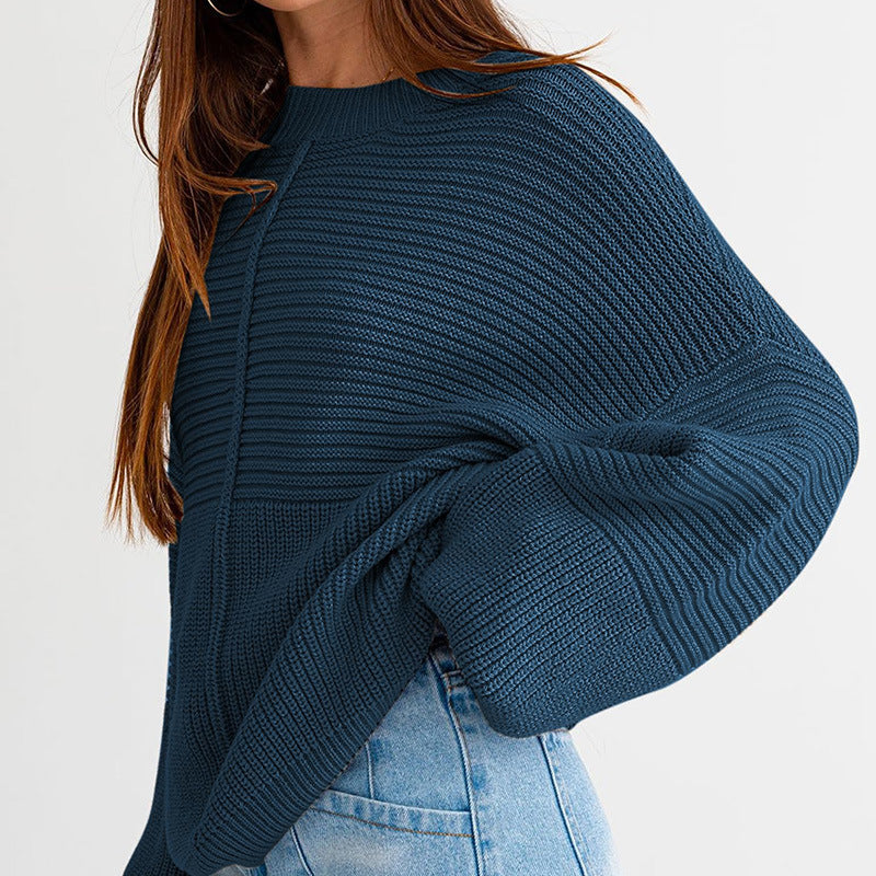 Solid Color Patchwork Round Neck Knit Pullover Sweater with Loose Lantern Sleeves