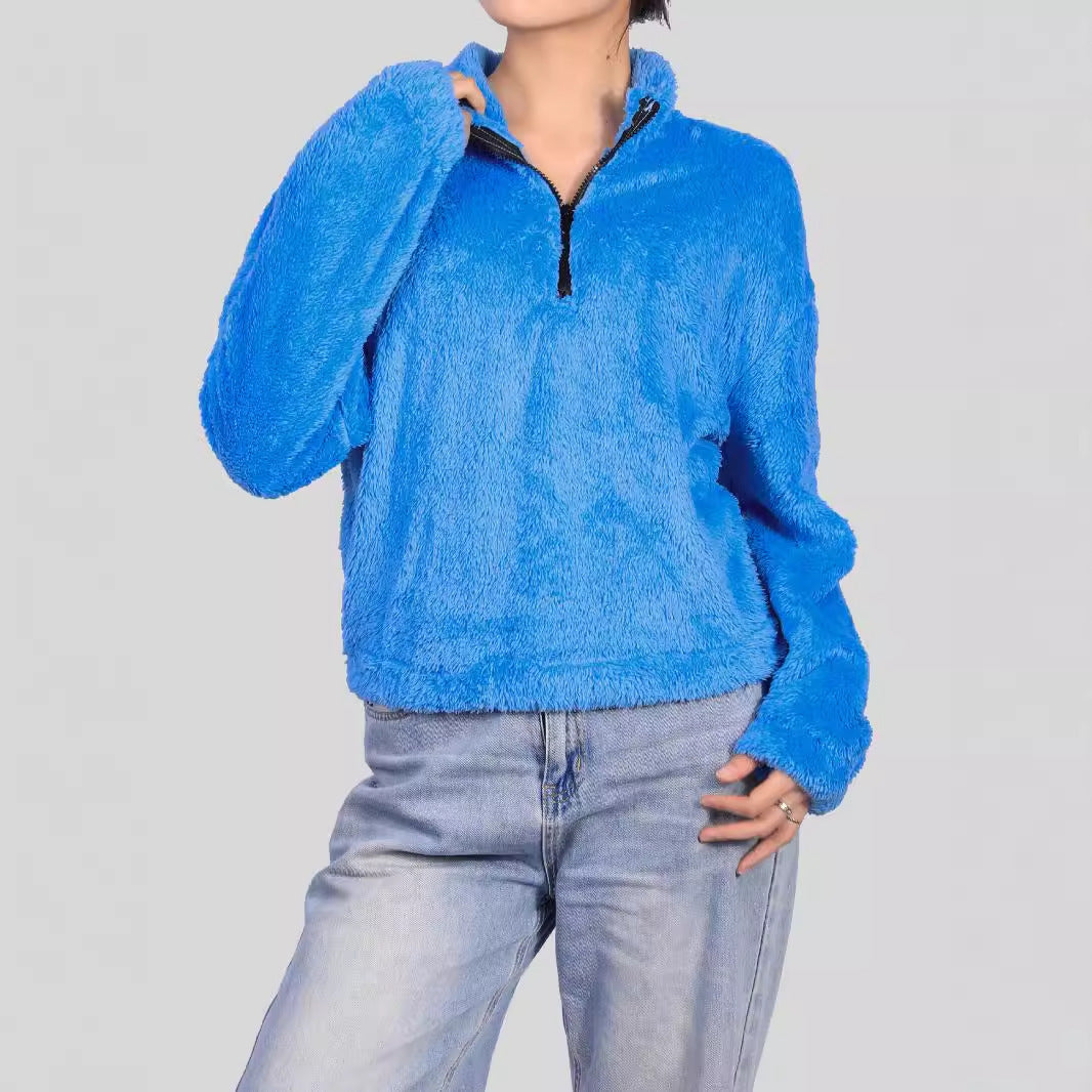 Thermal Half-High Collar Long Sleeve Top with Zipper Design – Loose and Casual Style