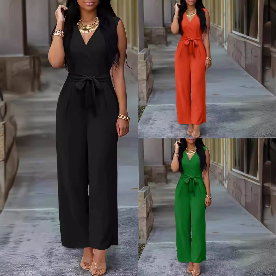 Women's V-Neck Sleeveless Wide-Leg Jumpsuit with Belt