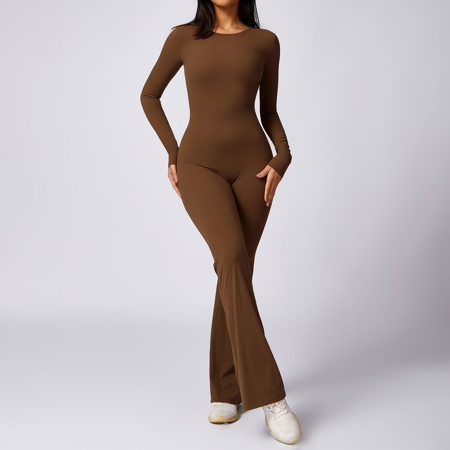 Women's Flared Long-Sleeve Yoga Jumpsuit, Slim-Fit Quick-Drying Sportswear