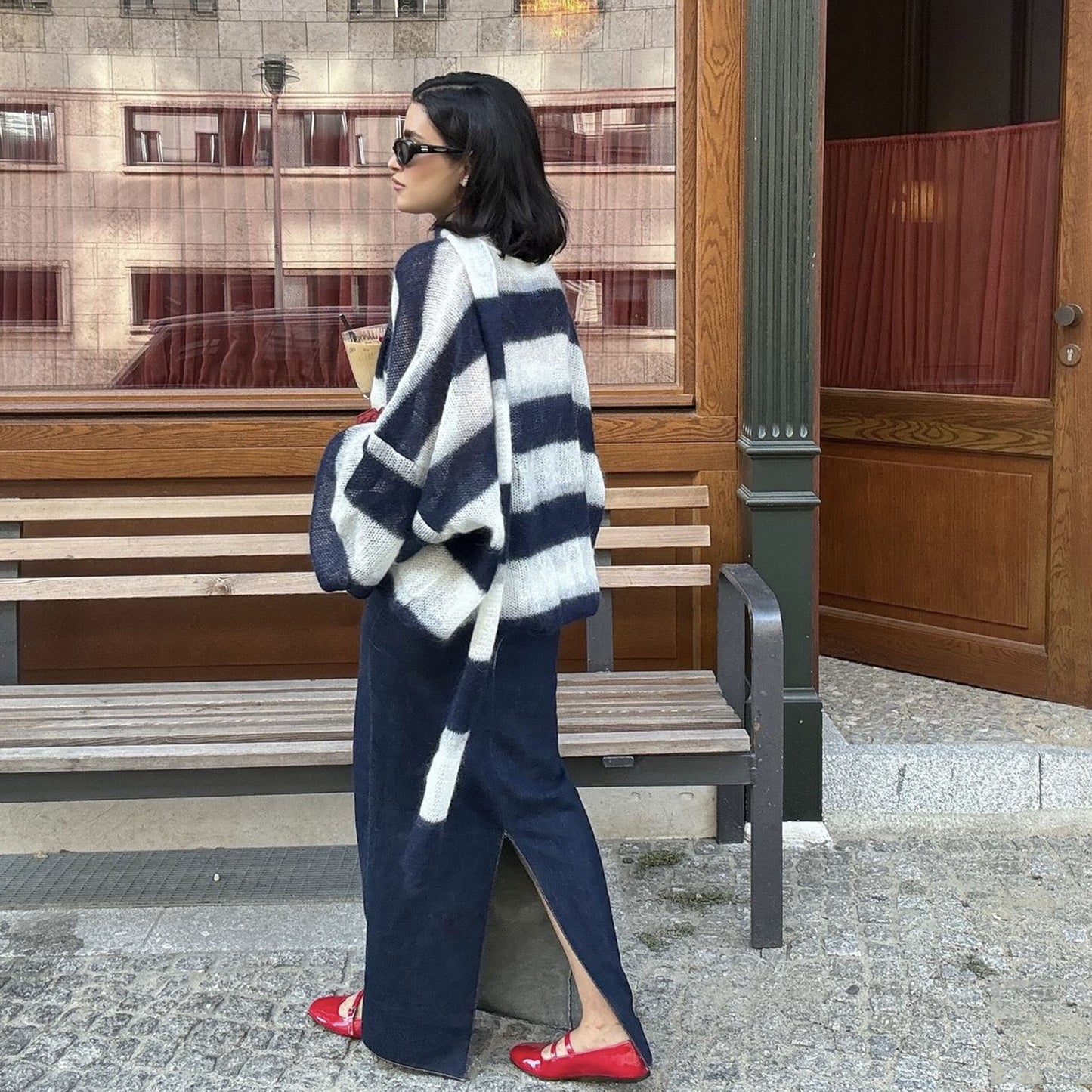 Loose and Casual Striped Sweater Cardigan with Scarf