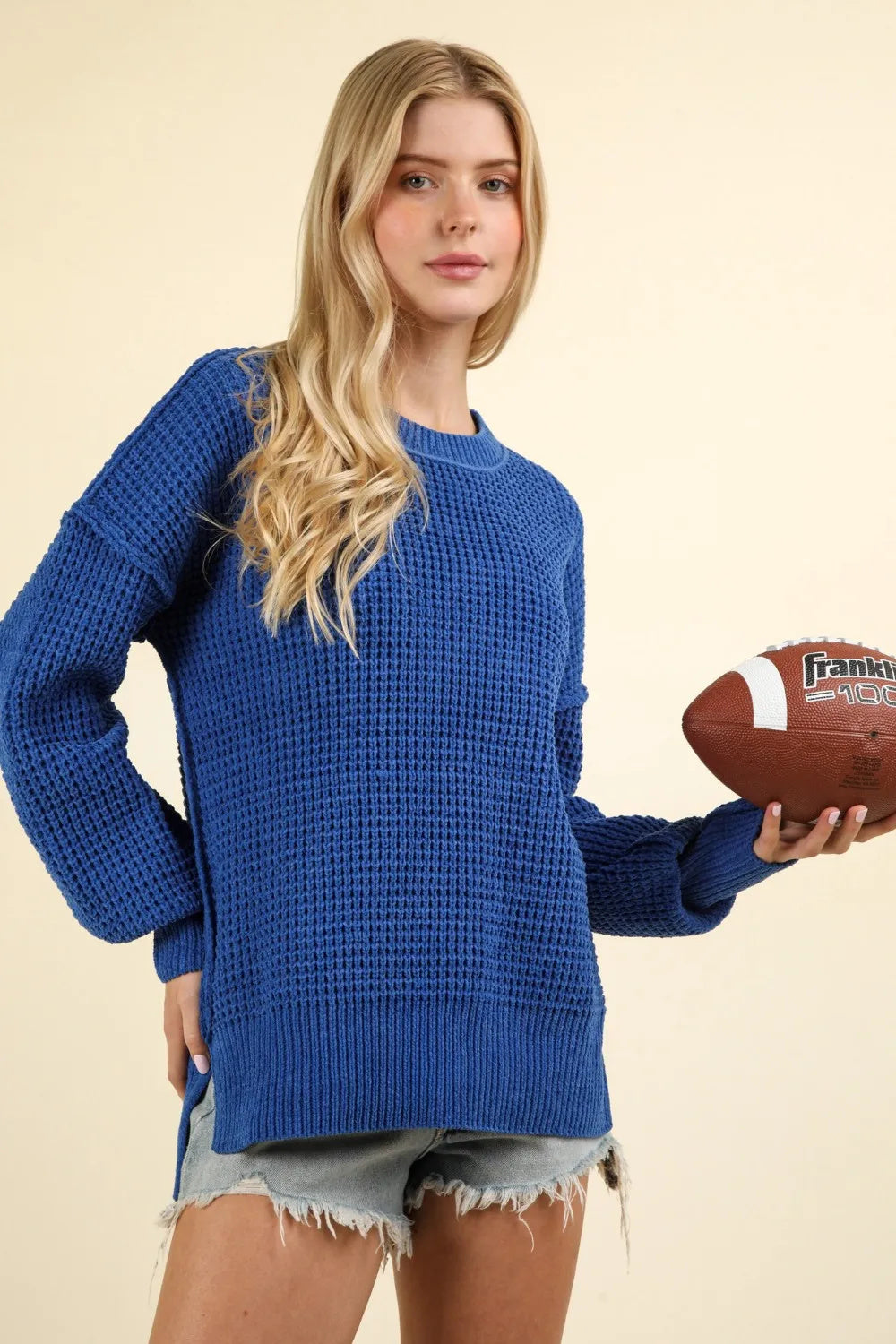 Waffle-Knit Exposed Seam Round Neck Sweater for Women