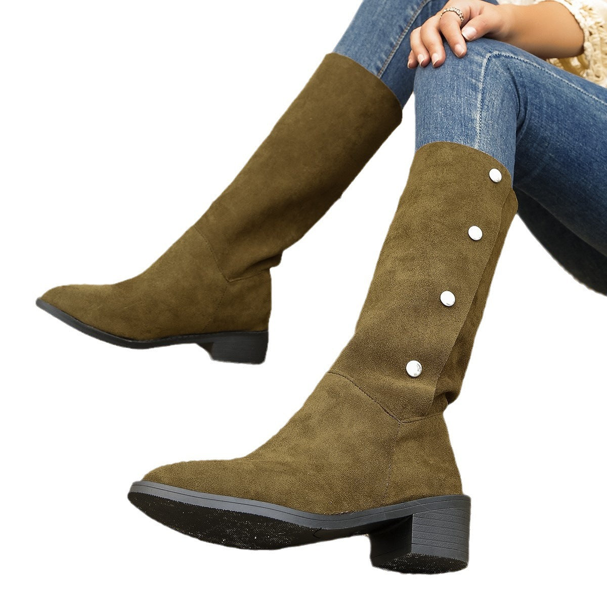 Versatile European and American Trendy Mid-Calf Riding Boots with Unique Design