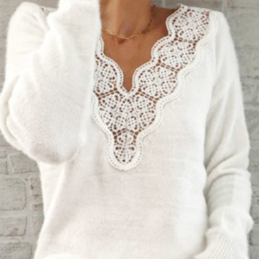 White Lace V-Neck Sweater – Warm and Elegant Top for Women