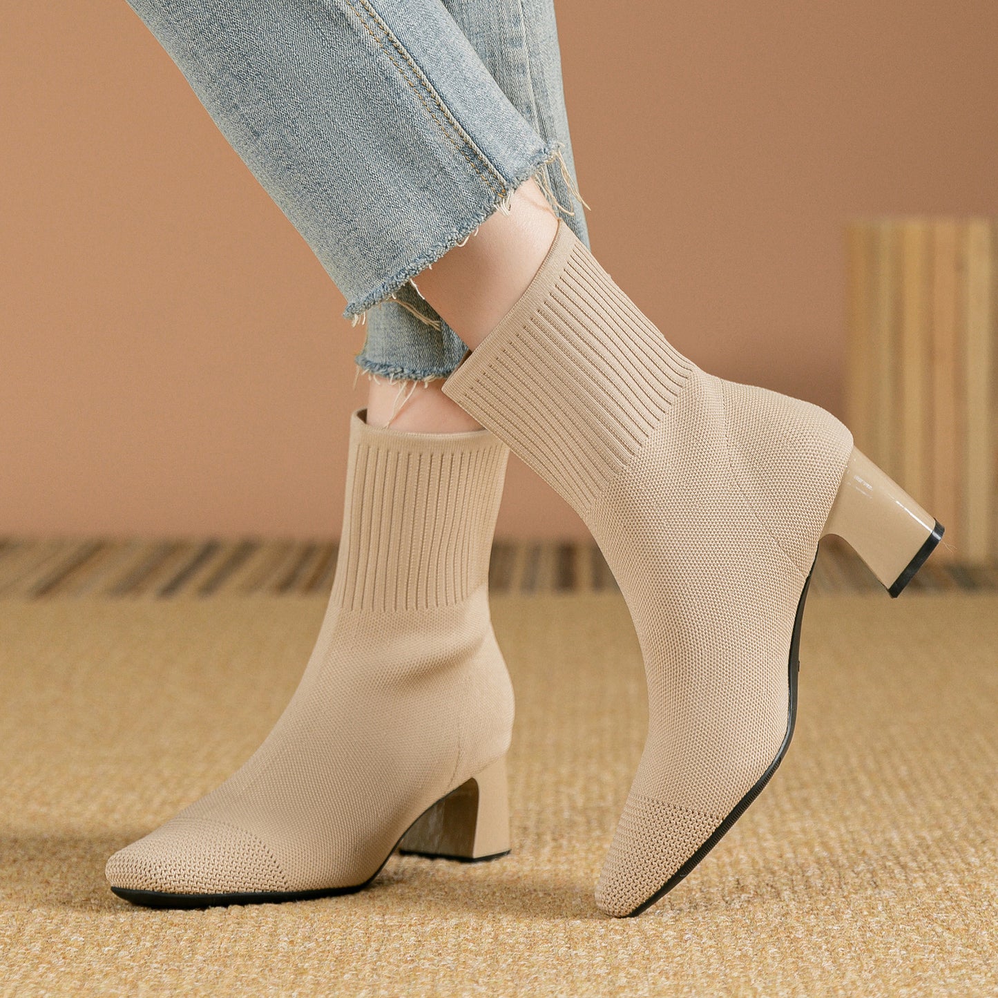 Elastic Chunky Heel Knitted Sock Boots