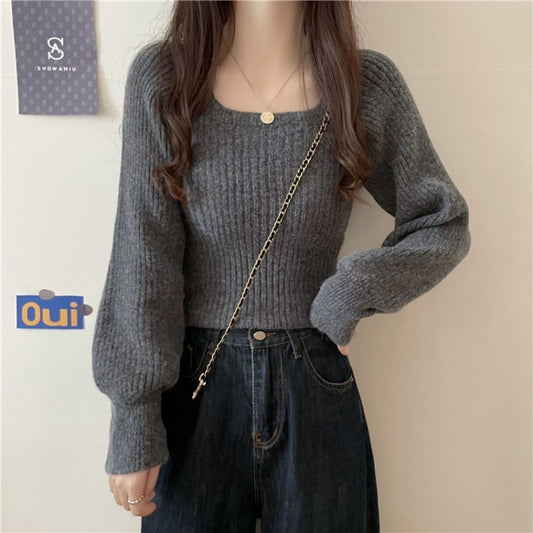 Western Style Low Collar Slim-Fit Long Sleeve Sweater Top