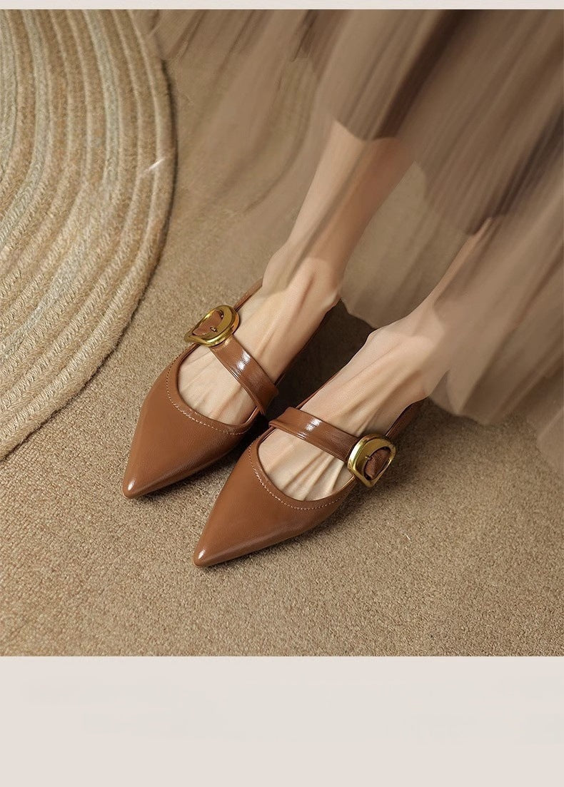 French Style Pointed Toe Low Heel Buckle Leather Shoes