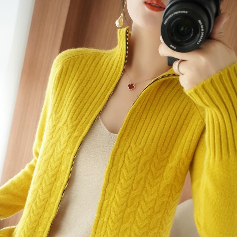 Women's Zipper Sweater Coat, Knitted Cardigan with Short Stand Collar and Loose Fit