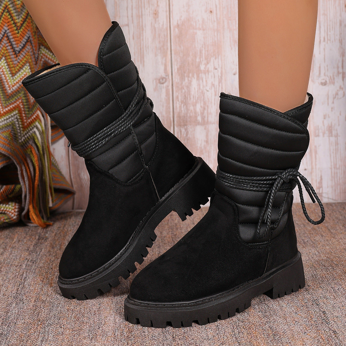 New Chunky Heel Mid-Tube Snow Boots for Women – Winter Warm Fleece Lined with Lace-Up Design