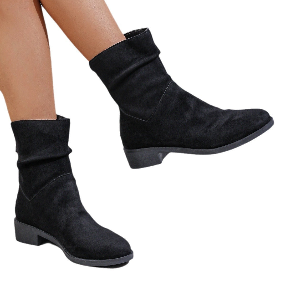 European and American Plus Size Autumn and Winter Pointed Toe Chunky Heel Fur-Lined Boots