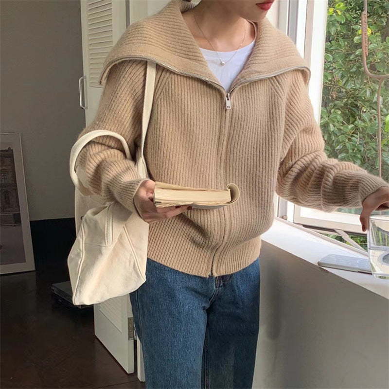 Korean Style Idle Large Lapel Knitted Cardigan with Zipper Coat for Women