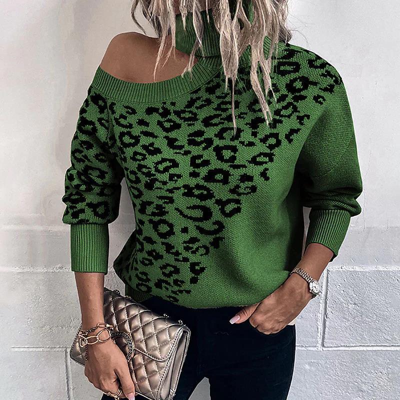 Leopard Print Studded Shoulder-Baring Sweater – Women's Long-Sleeved Autumn & Winter Style