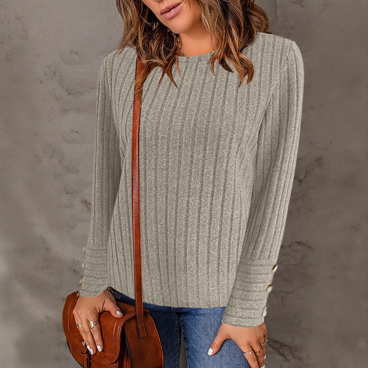 Pullover Round Neck Long Sleeve Top with Fashionable Button Detail