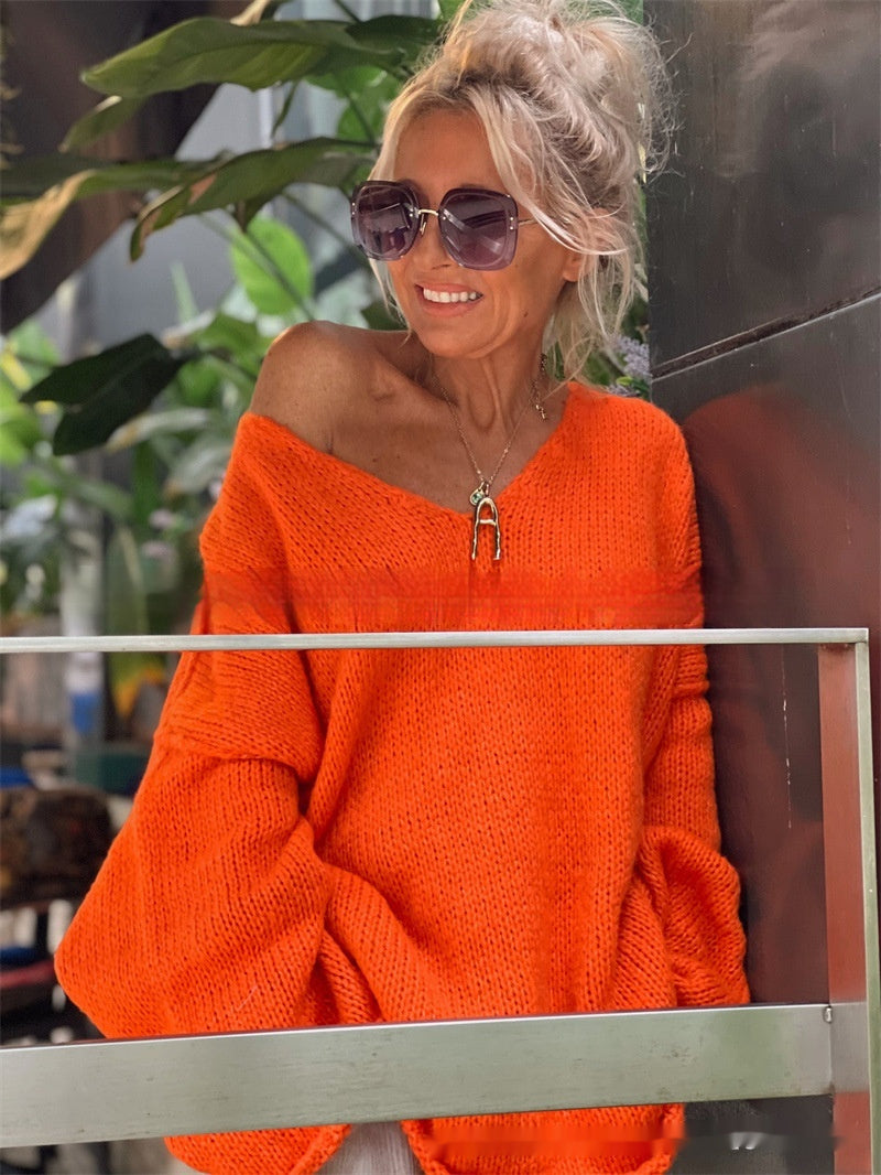 Women's Fashion V-Neck Long Sleeve Knit Sweater in Two Colors