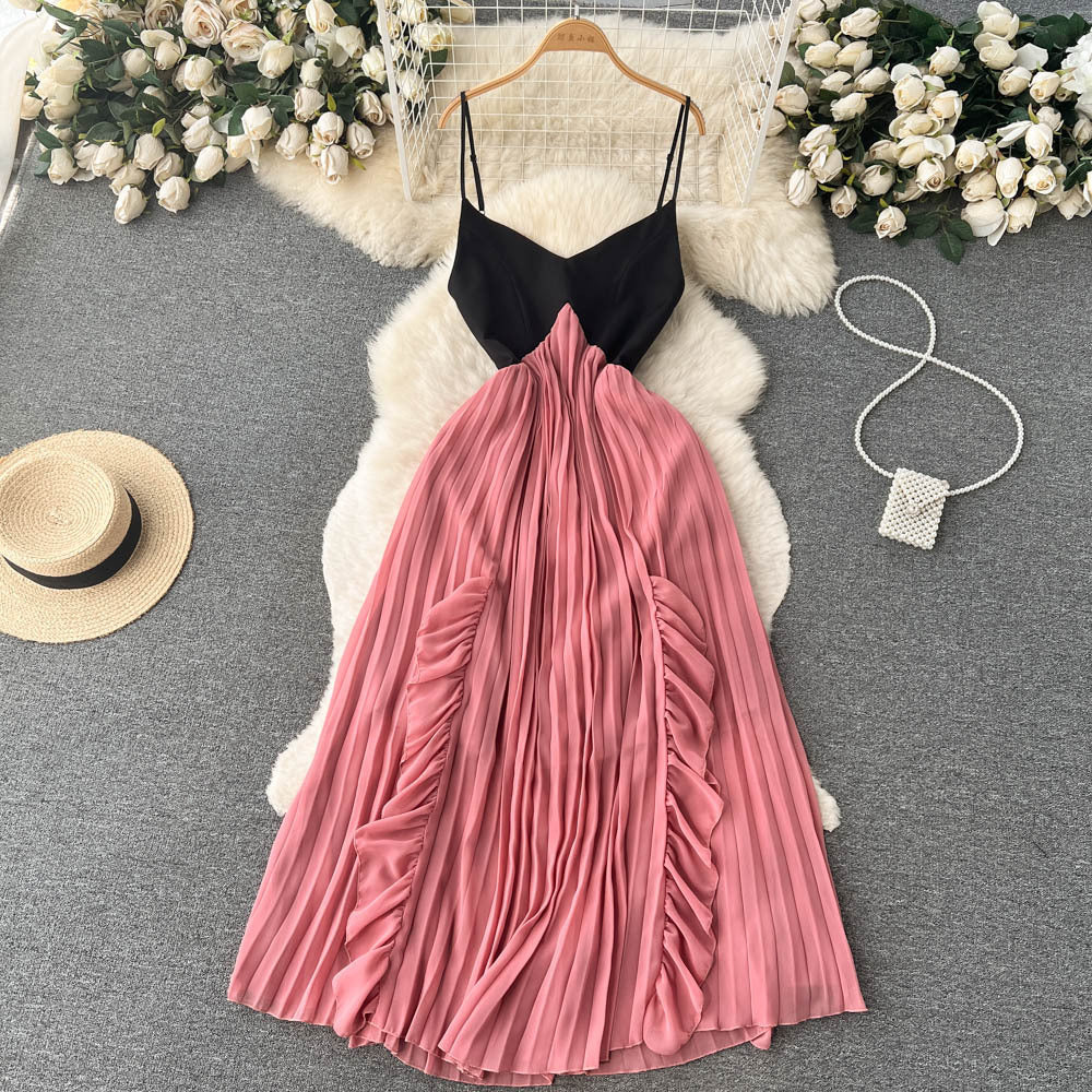 V-neck Color-block Stitching Mid-length Pleated Puffy Suspender Skirt