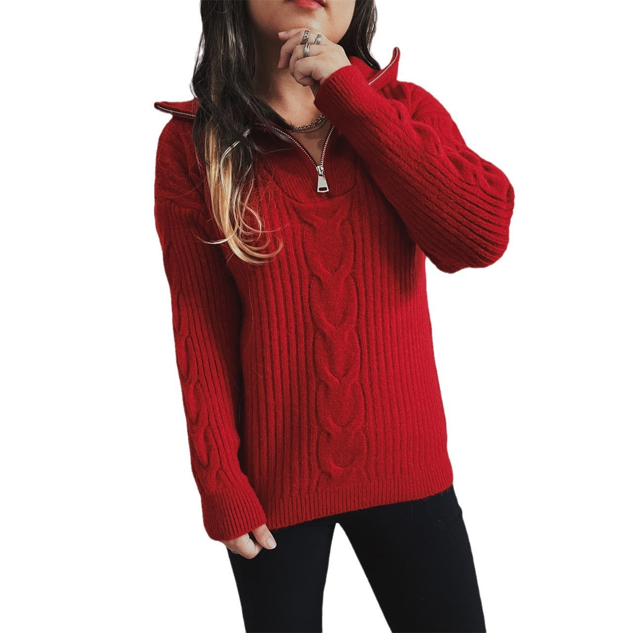 Twist Vertical Stripe Zipper Lapel Long Sleeve Sweater