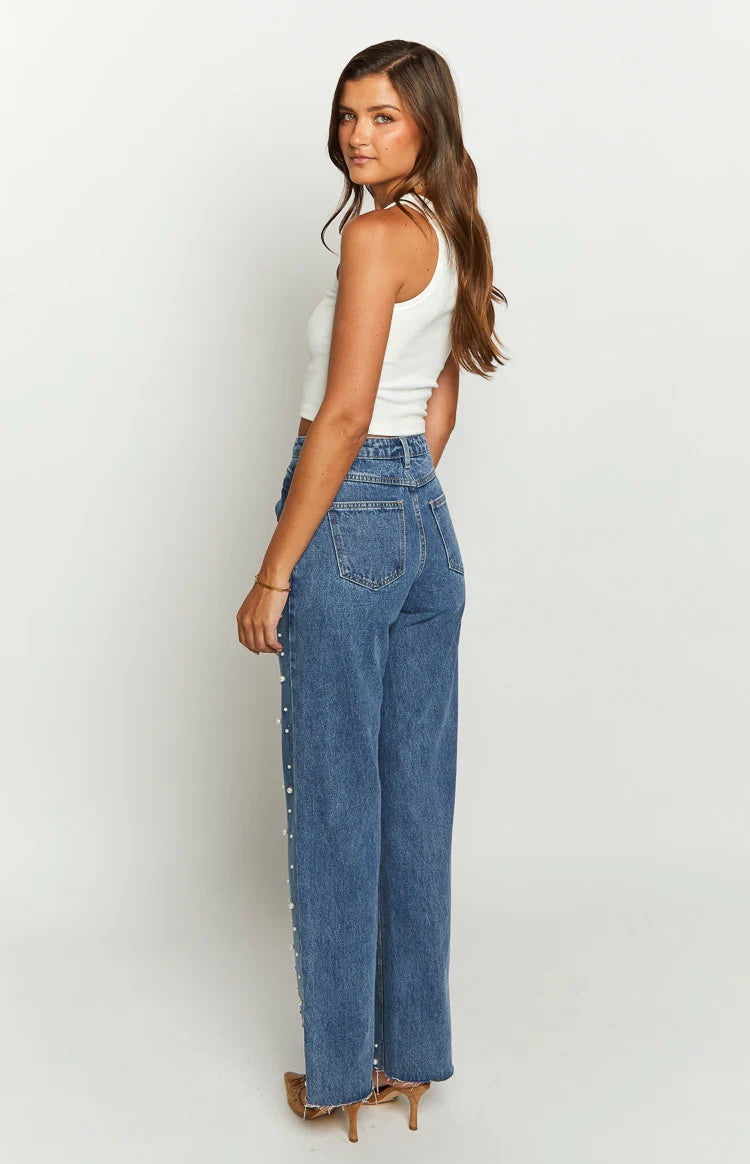 Oblique Waist Beaded Straight-Leg Jeans with Frayed Hem