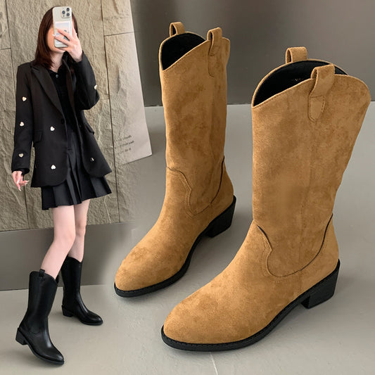 Korean Style Chunky Heel Knee-High Fashion Boots – Popular Internet Celebrity Look