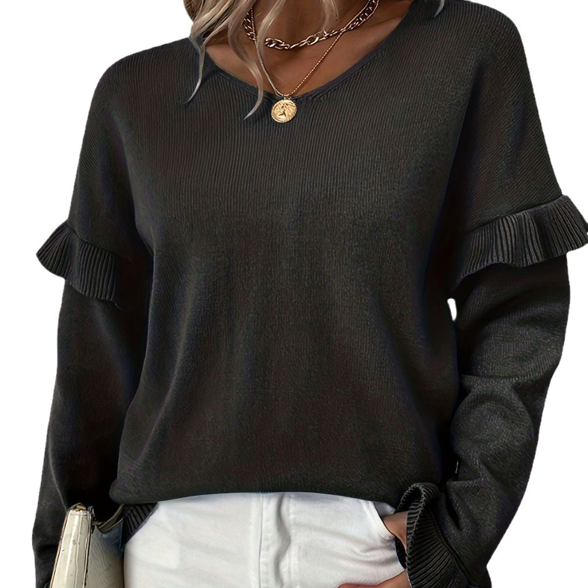 Solid Color V-Neck Sweater for Women with Petal Sleeves