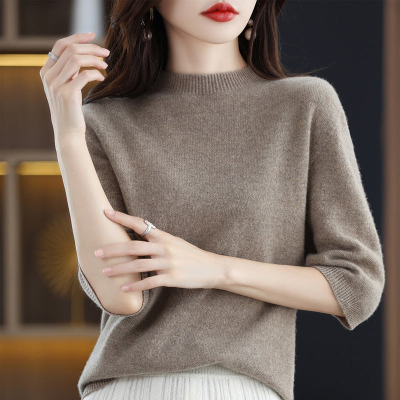 Pure Wool Women's Half Turtleneck Short Pullover Sweater - Three-Quarter Sleeve Base Knitwear