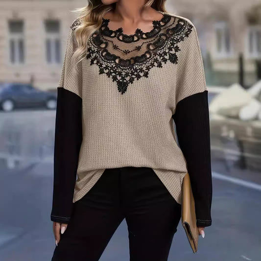 Lace Stitching Hollow-Out Loose Long Sleeve Top for Women