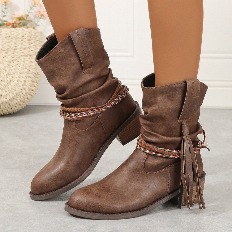 Women's Short Pleated Tassel Boots with High Heel and Mid-Calf Length for Autumn and Winter