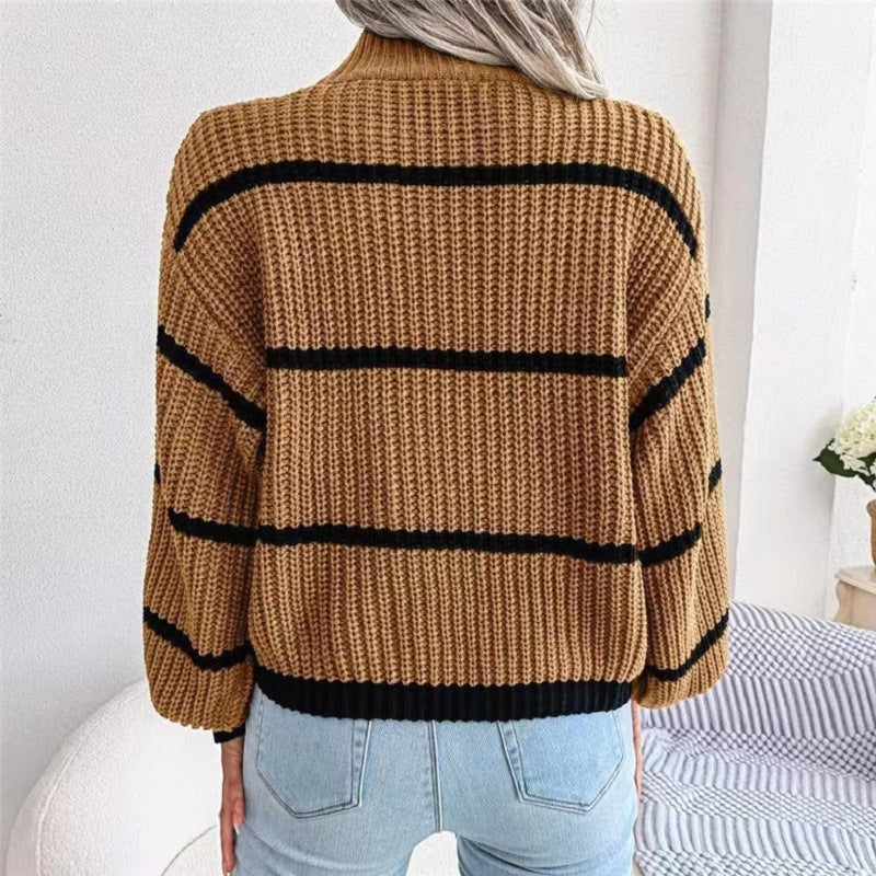 New Contrast Color Striped Half Turtleneck Pullover Sweater