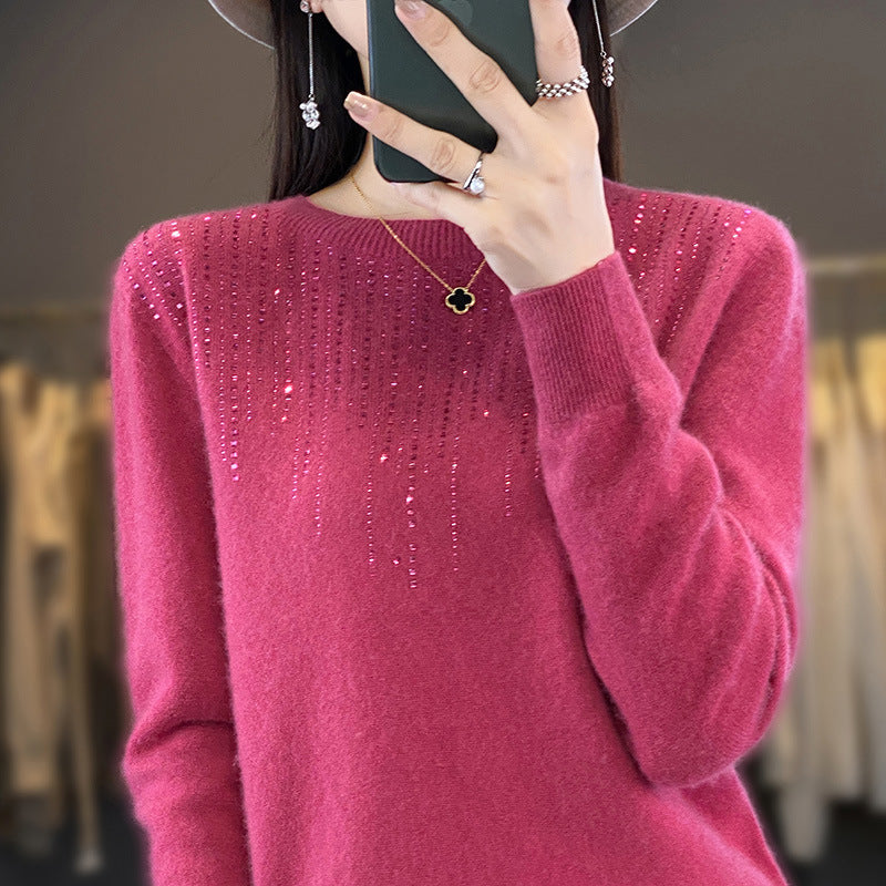 Round Neck Rhinestone Long-Sleeved Knitted Pullover Sweater for Women