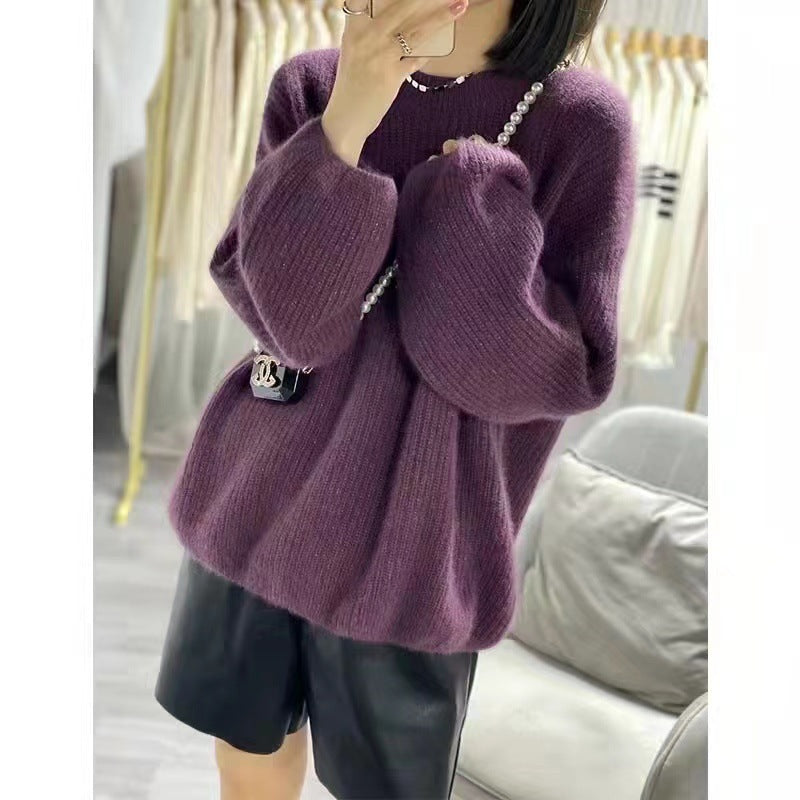 Round Neck Lantern Sleeve Knitted Sweater in Lazy Style