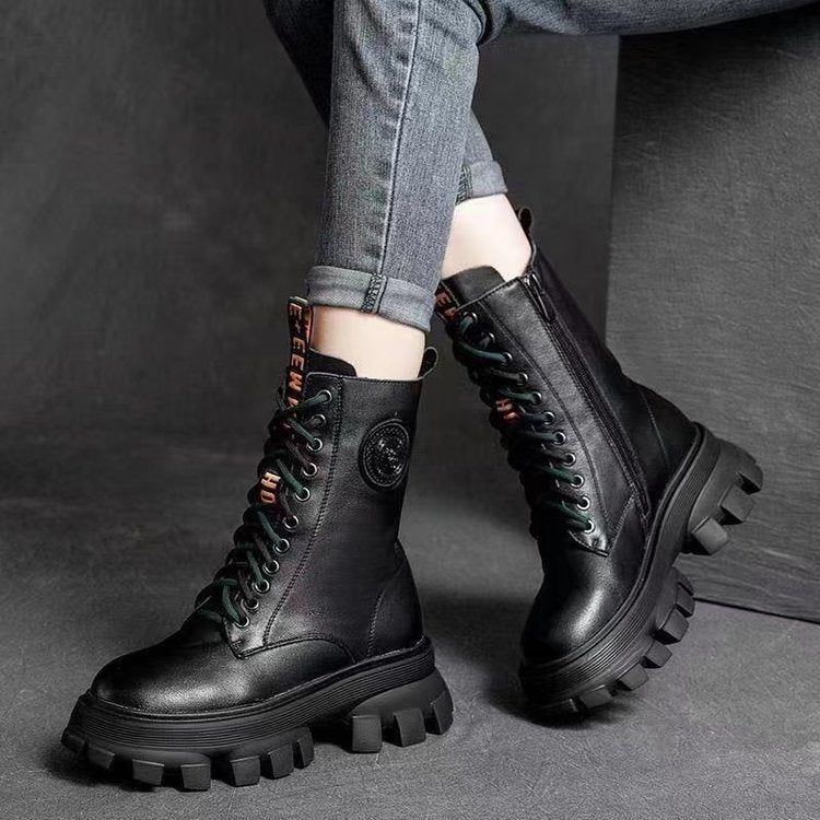 Women's Retro High-Top Velvet Martin Ankle Boots with Thick Soles, Biker Style