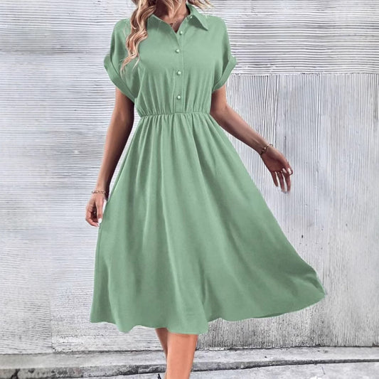 Women's Midi Dress Shirt Collar Short Sleeve Fashion