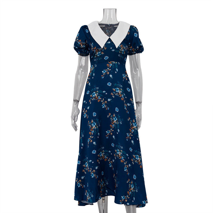 Blue Floral Dress with Peter Pan Collar and Short Sleeves