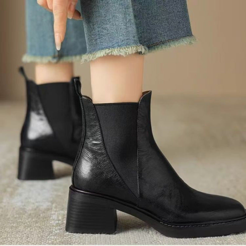 Women's Soft Leather Chunky Heel Boots in French Style