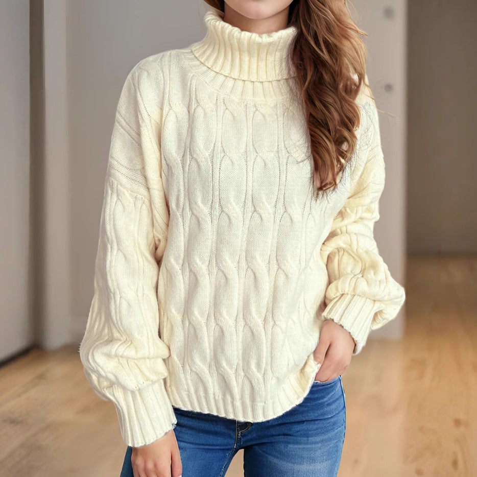 Loose Solid Color Turtleneck Pullover for Commuting