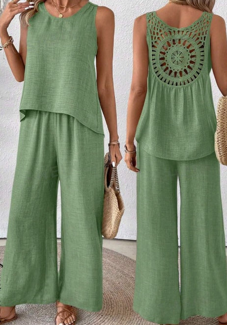 Summer Vacation Outfit – Solid Tank Top & Wide-Leg Pants Set