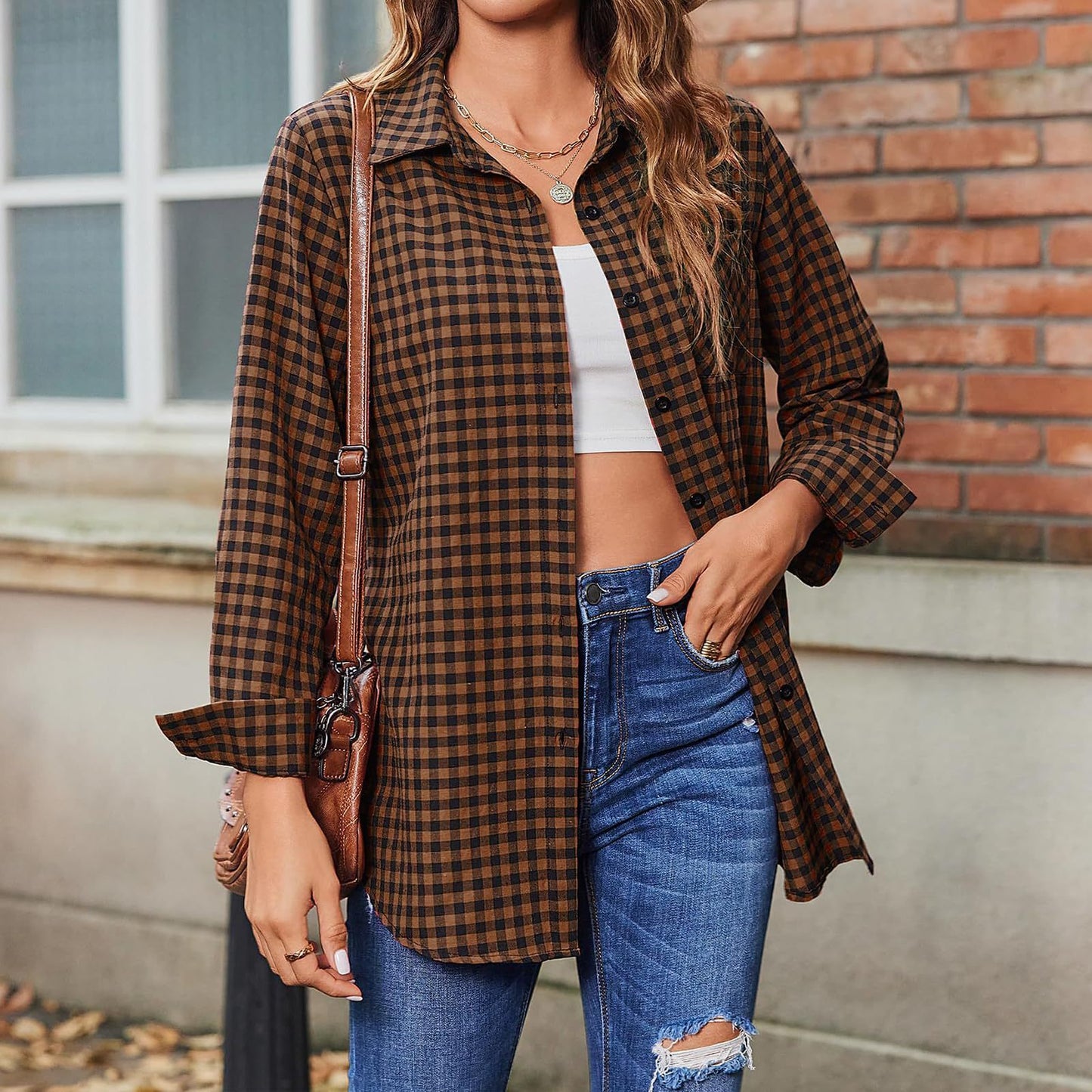 Loose-Fit Women's Long Sleeve Plaid Shirt