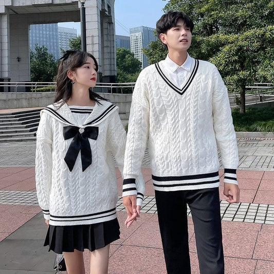 New Japanese-style Color-blocked Round-neck Thick Fairy Sweater In White