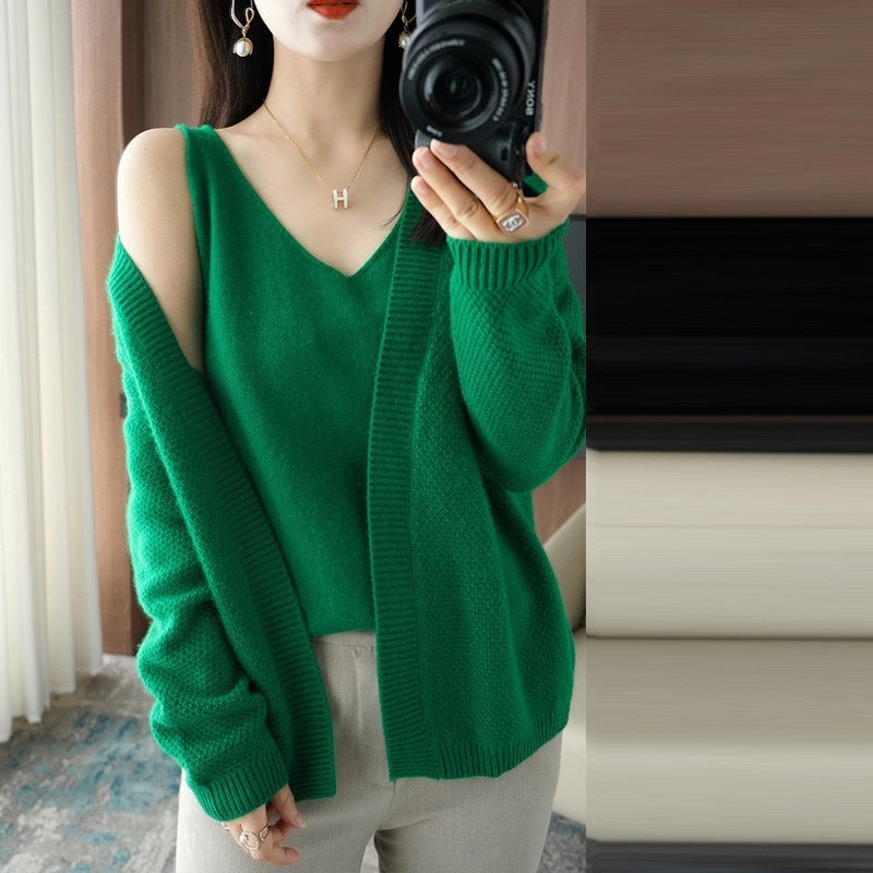 Knitted Cardigan with Two-Piece Sling and V-Neck Sweater – Elegant Temperament Design