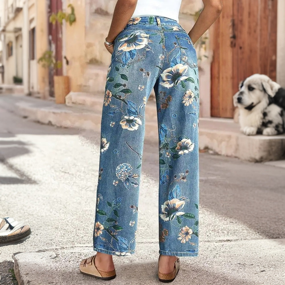 Women's Boho Floral Print Wide Leg Jeans, Denim With All-Over Flower Pattern, Casual Summer Pants