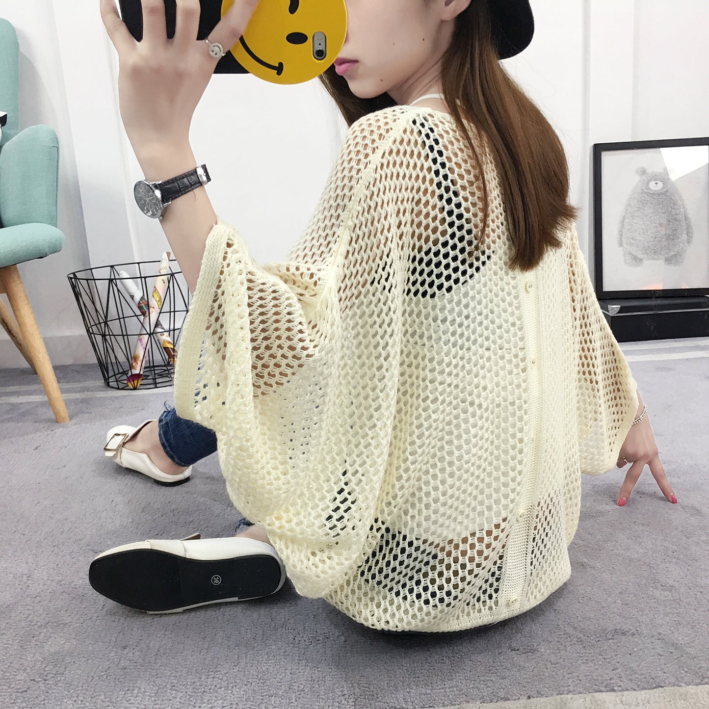 Spring and Summer Loose V-Neck Hollow Knit Sweater